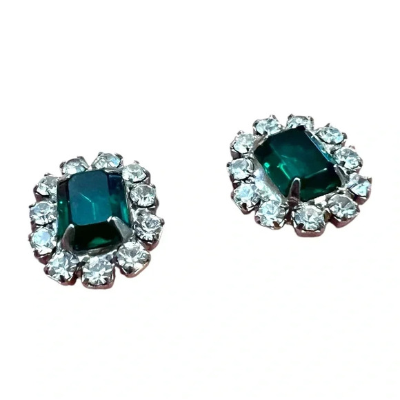 Vintage Emerald Cubic Zirconia Halo Earrings Costume Jewelry - Picture 2 of 5